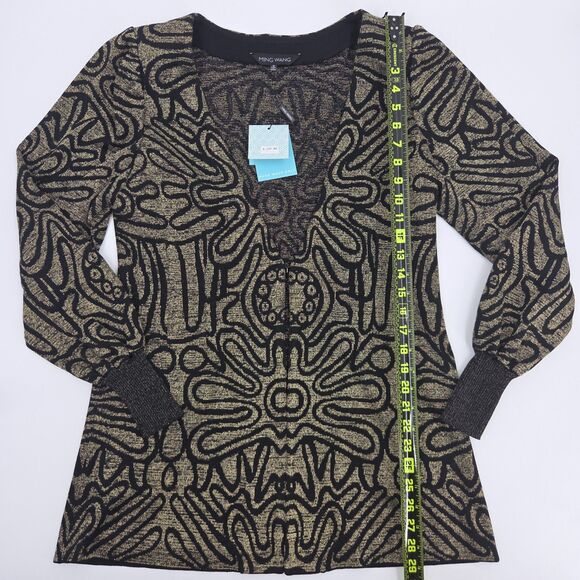 Ming Wang Cardigan Sweater Womens Small Black Gold Metallic Knit Quiet Luxury - Picture 5 of 9